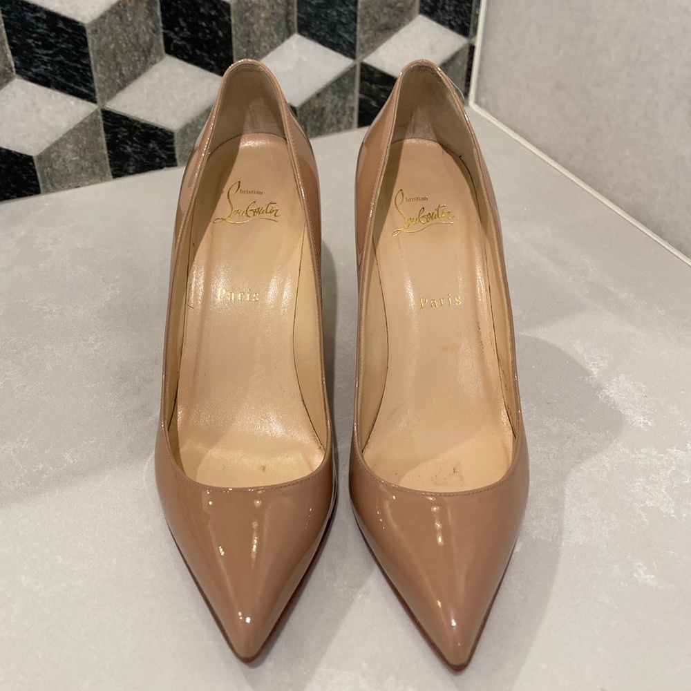CHRISTIAN LOUBOUTIN Nude Pigalle Follies 85mm Patent Red Sole Pumps